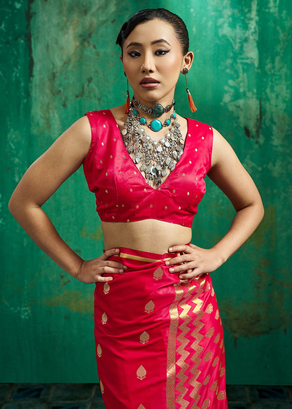 Geranium Red Satin Silk Saree with Woven Butti Accents