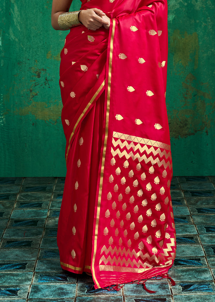 Geranium Red Satin Silk Saree with Woven Butti Accents