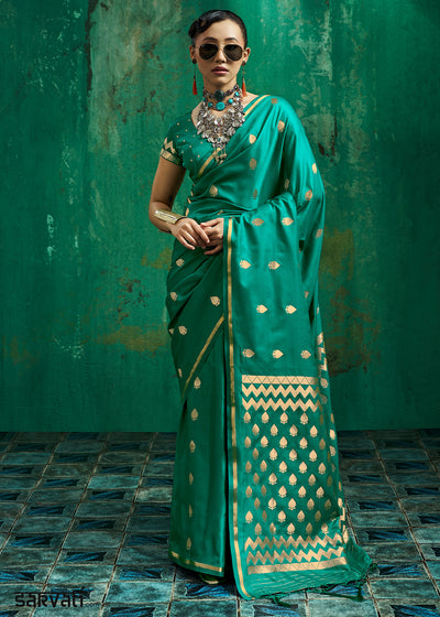 Teal Green Satin Silk Saree with Woven Butti Accents