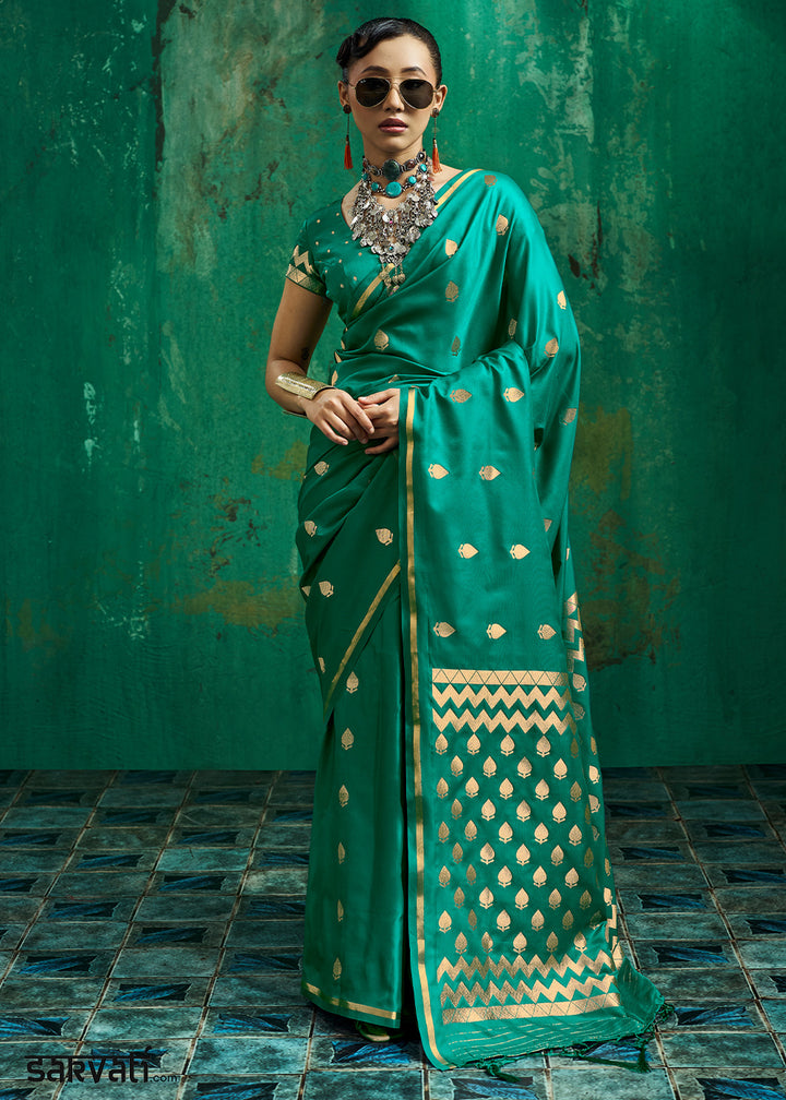 Teal Green Satin Silk Saree with Woven Butti Accents