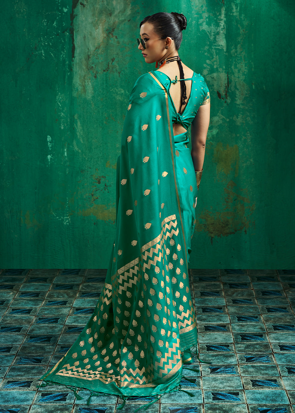 Teal Green Satin Silk Saree with Woven Butti Accents