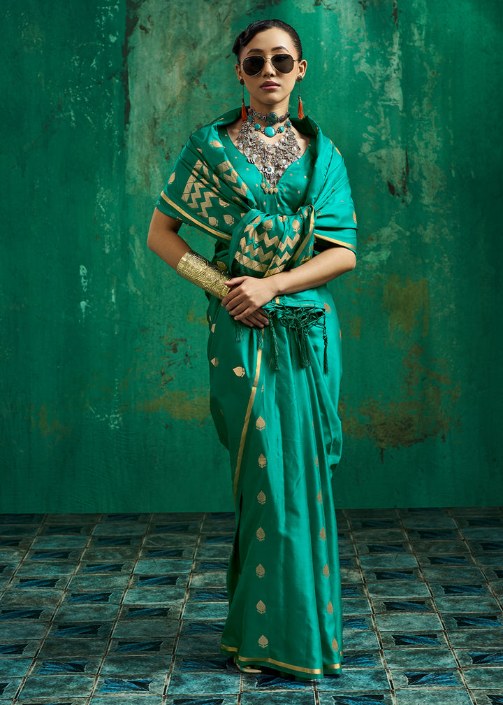Teal Green Satin Silk Saree with Woven Butti Accents