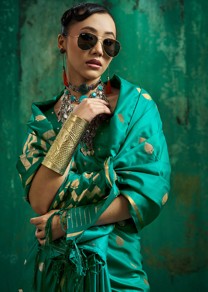 Teal Green Satin Silk Saree with Woven Butti Accents
