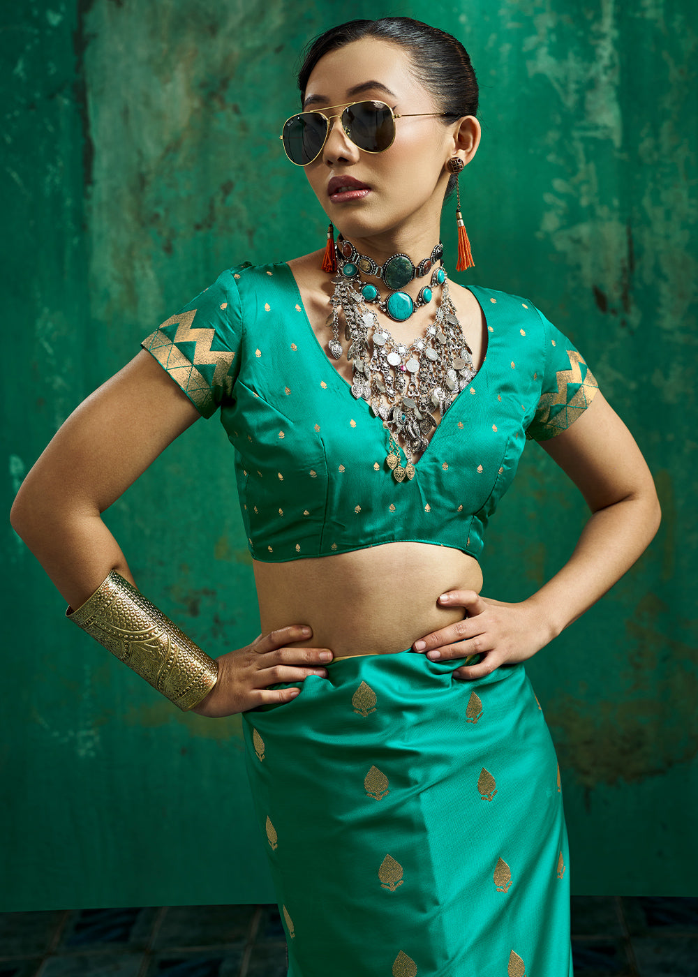 Teal Green Satin Silk Saree with Woven Butti Accents