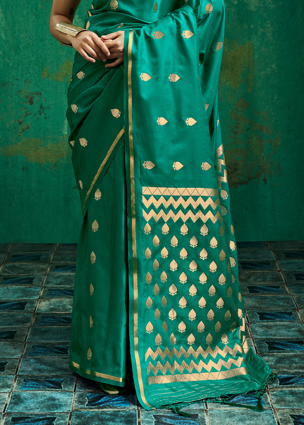 Teal Green Satin Silk Saree with Woven Butti Accents