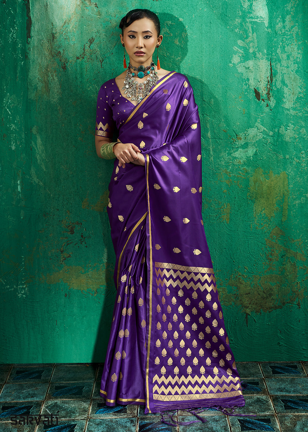Antique Plum Purple Satin Silk Saree with Woven Butti Accents