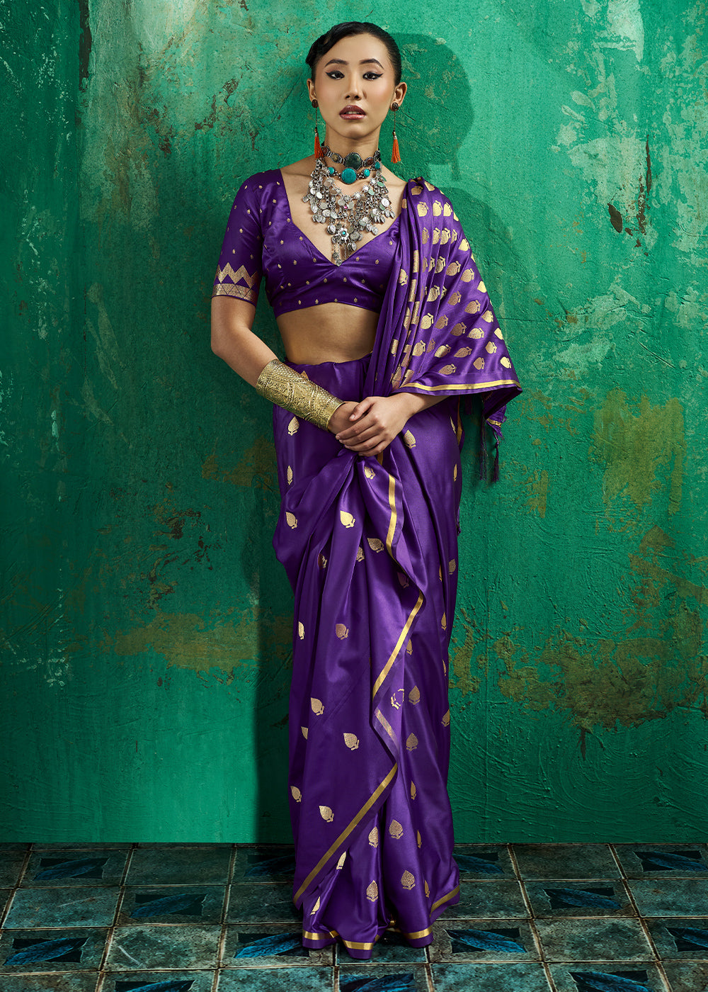 Antique Plum Purple Satin Silk Saree with Woven Butti Accents