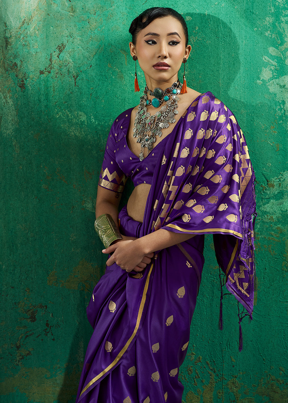 Antique Plum Purple Satin Silk Saree with Woven Butti Accents