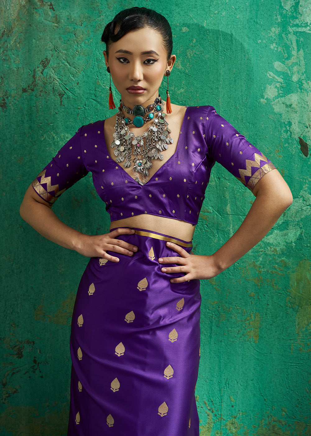 Antique Plum Purple Satin Silk Saree with Woven Butti Accents