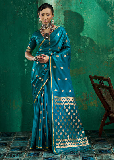 Azure Blue Satin Silk Saree with Woven Butti Accents