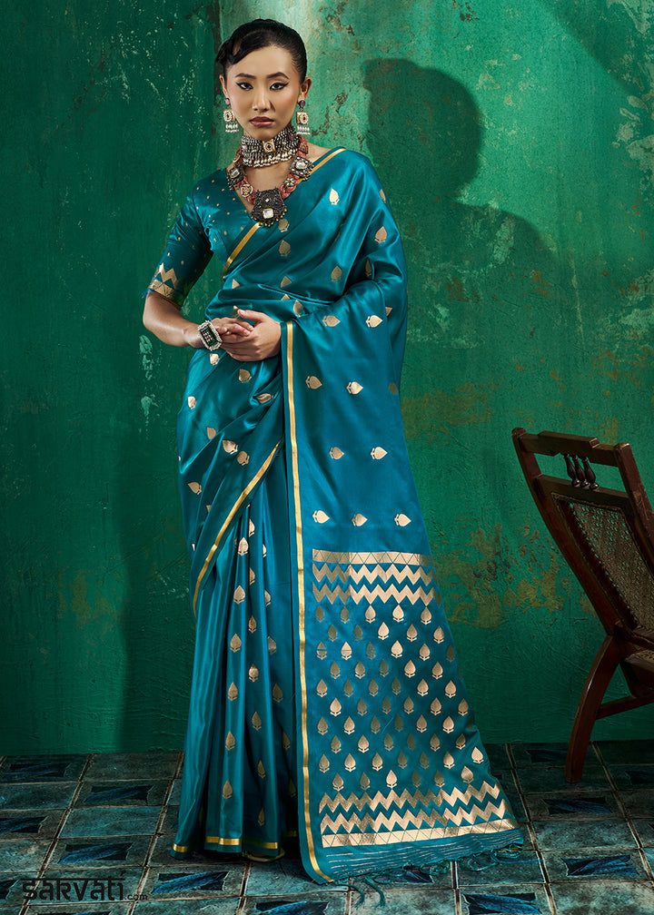Azure Blue Satin Silk Saree with Woven Butti Accents