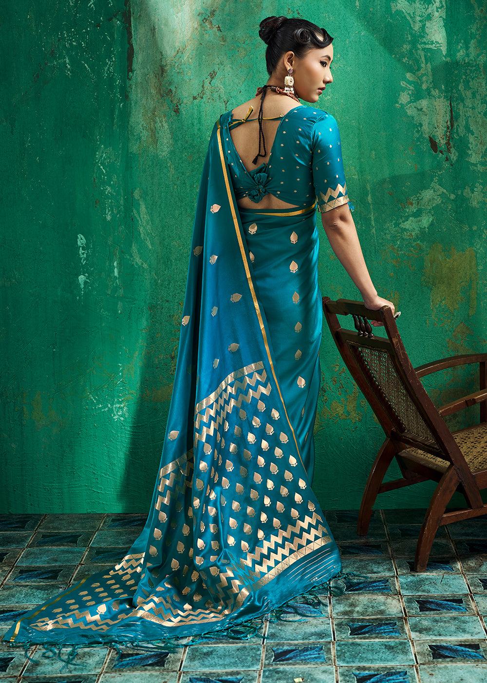 Azure Blue Satin Silk Saree with Woven Butti Accents