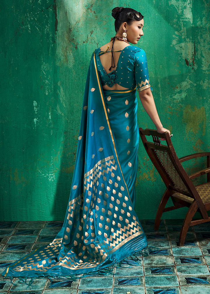 Azure Blue Satin Silk Saree with Woven Butti Accents