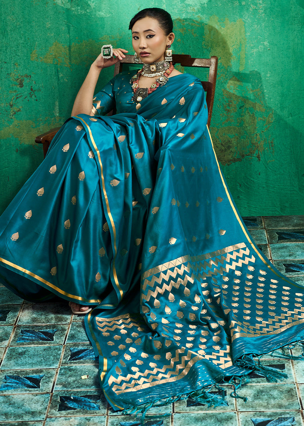 Azure Blue Satin Silk Saree with Woven Butti Accents