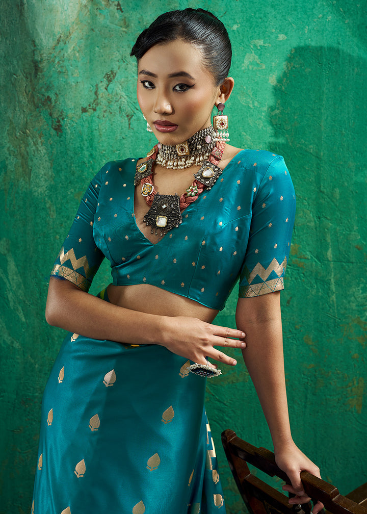 Azure Blue Satin Silk Saree with Woven Butti Accents