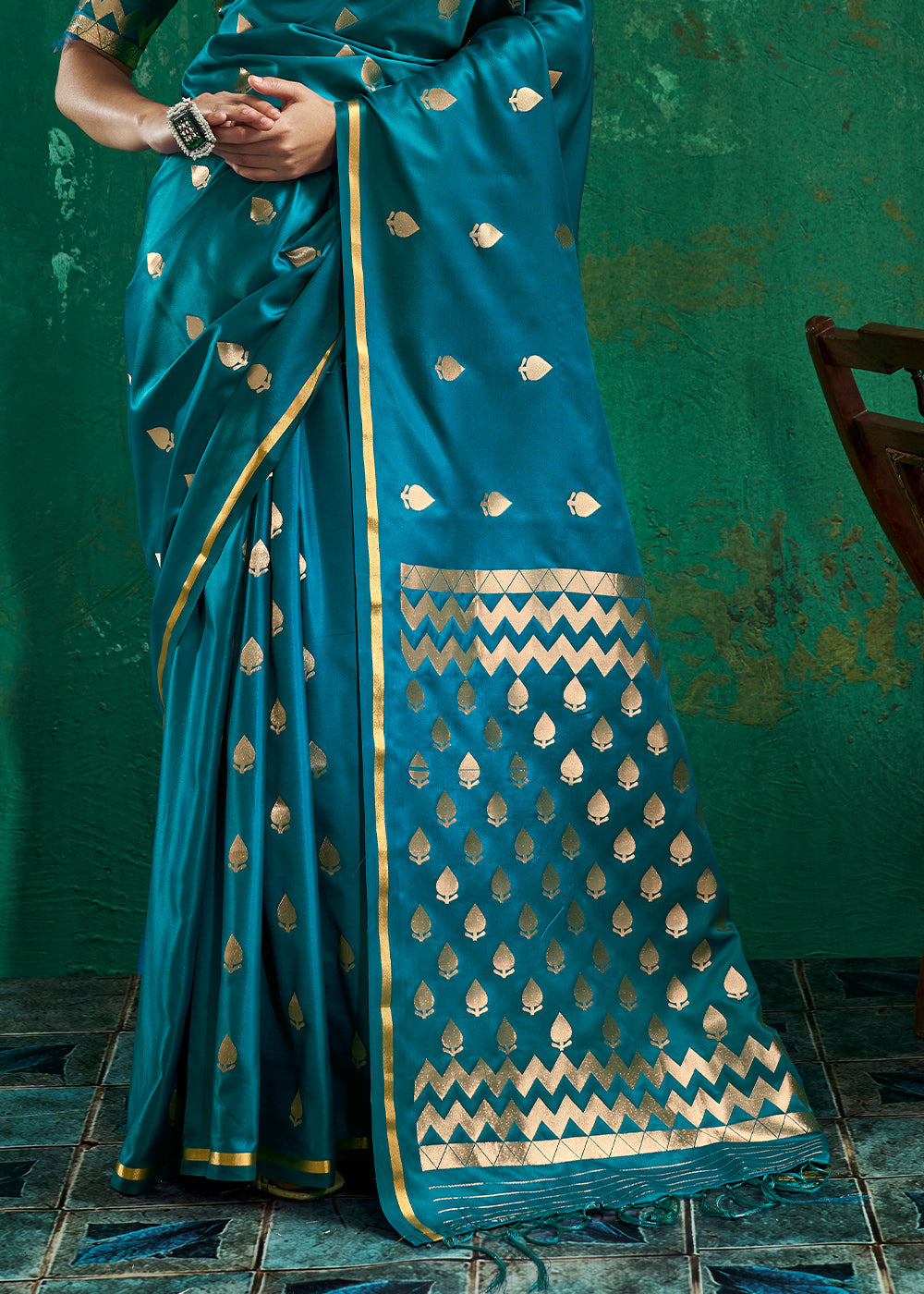 Azure Blue Satin Silk Saree with Woven Butti Accents