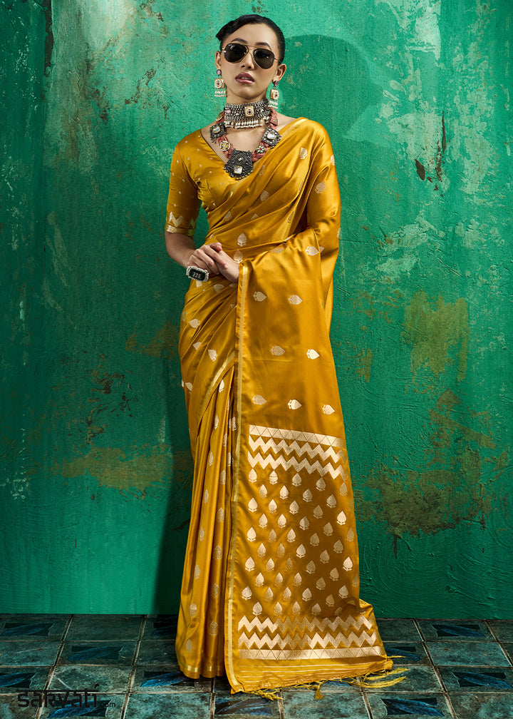 Mustard Yellow Satin Silk Saree with Woven Butti Accents