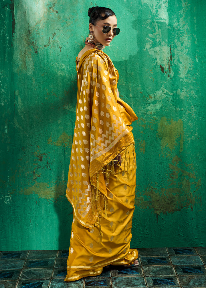 Mustard Yellow Satin Silk Saree with Woven Butti Accents