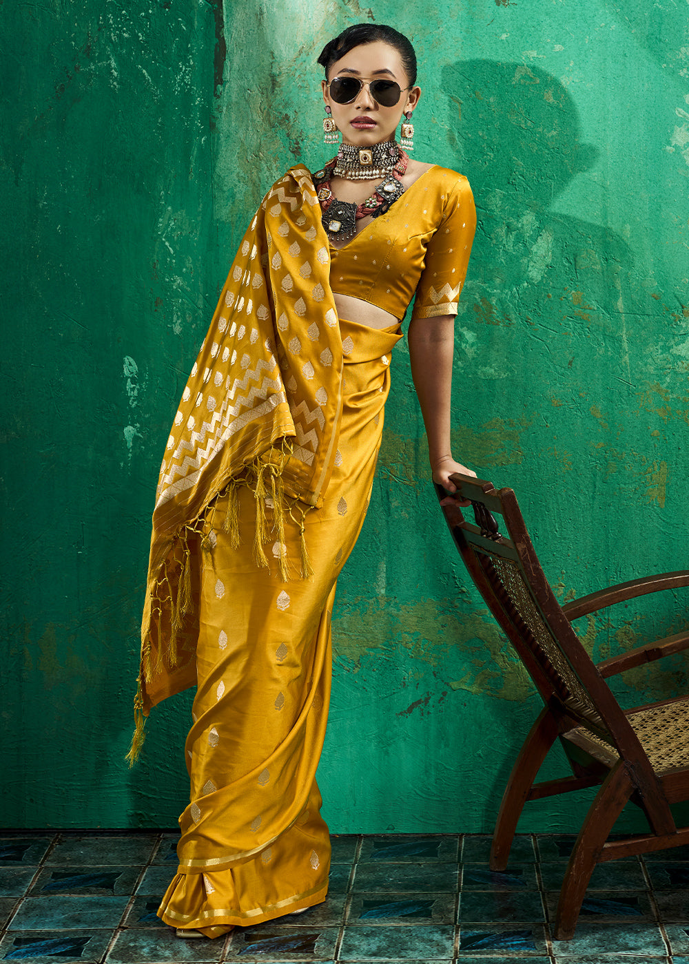 Mustard Yellow Satin Silk Saree with Woven Butti Accents