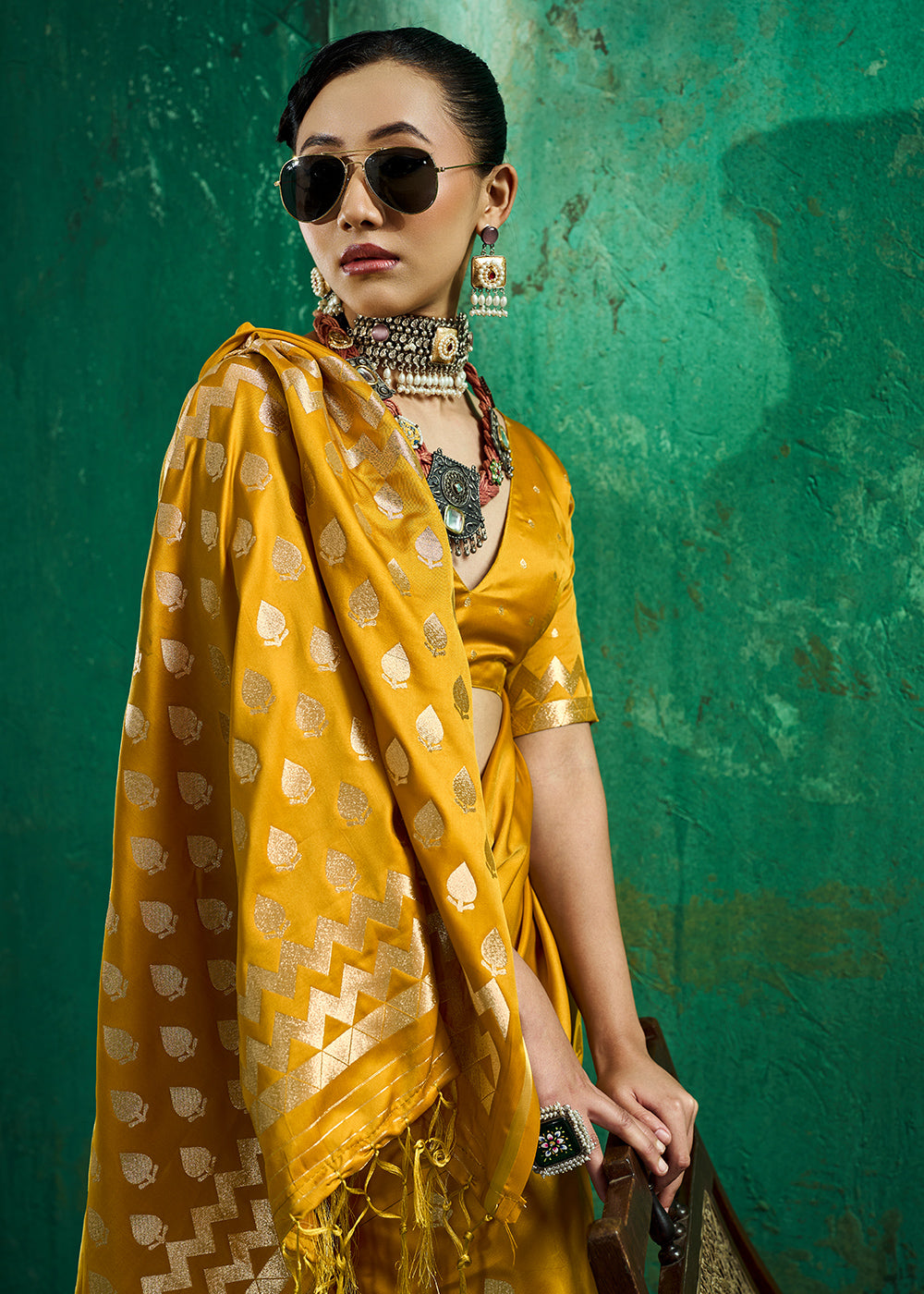 Mustard Yellow Satin Silk Saree with Woven Butti Accents