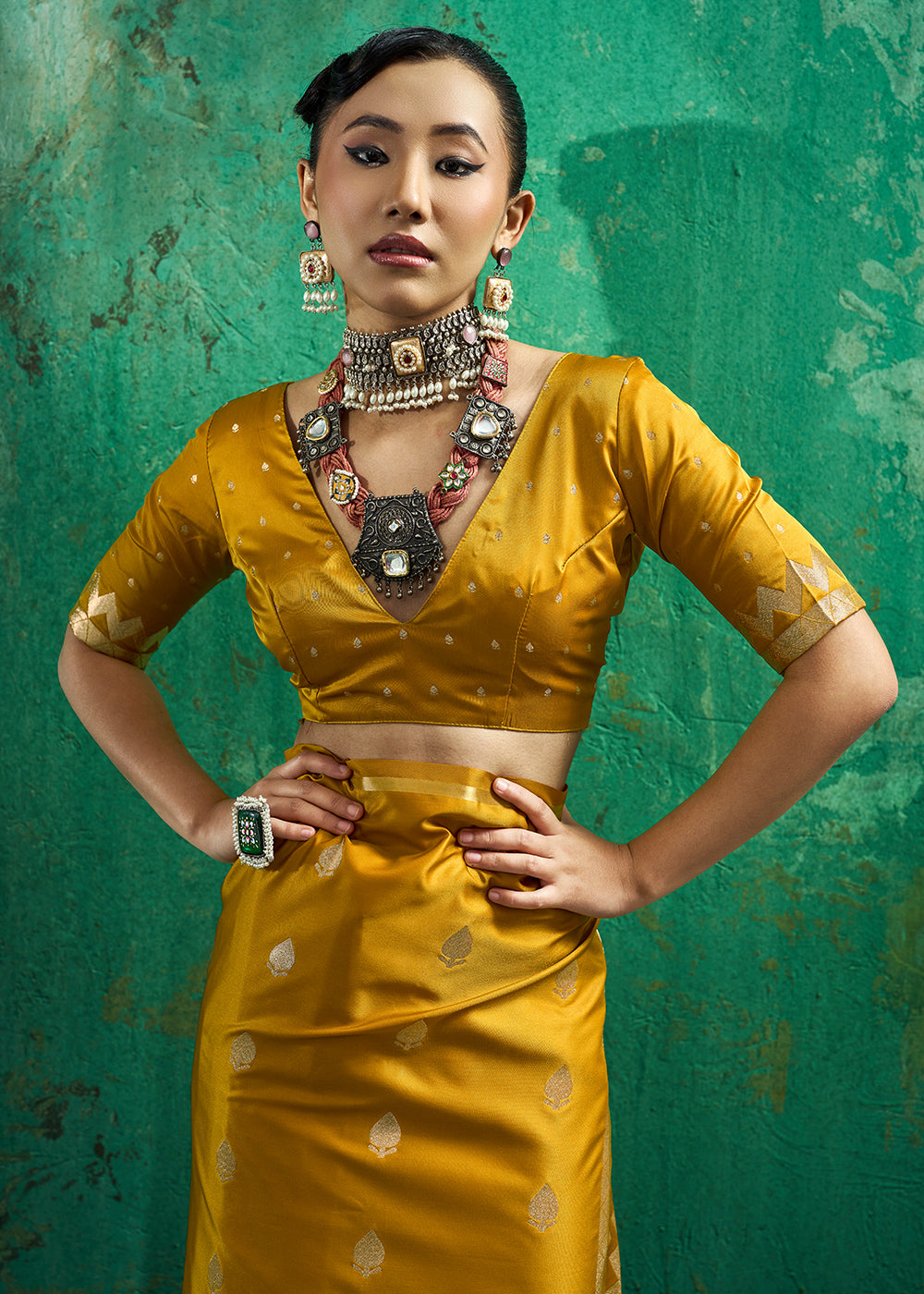 Mustard Yellow Satin Silk Saree with Woven Butti Accents