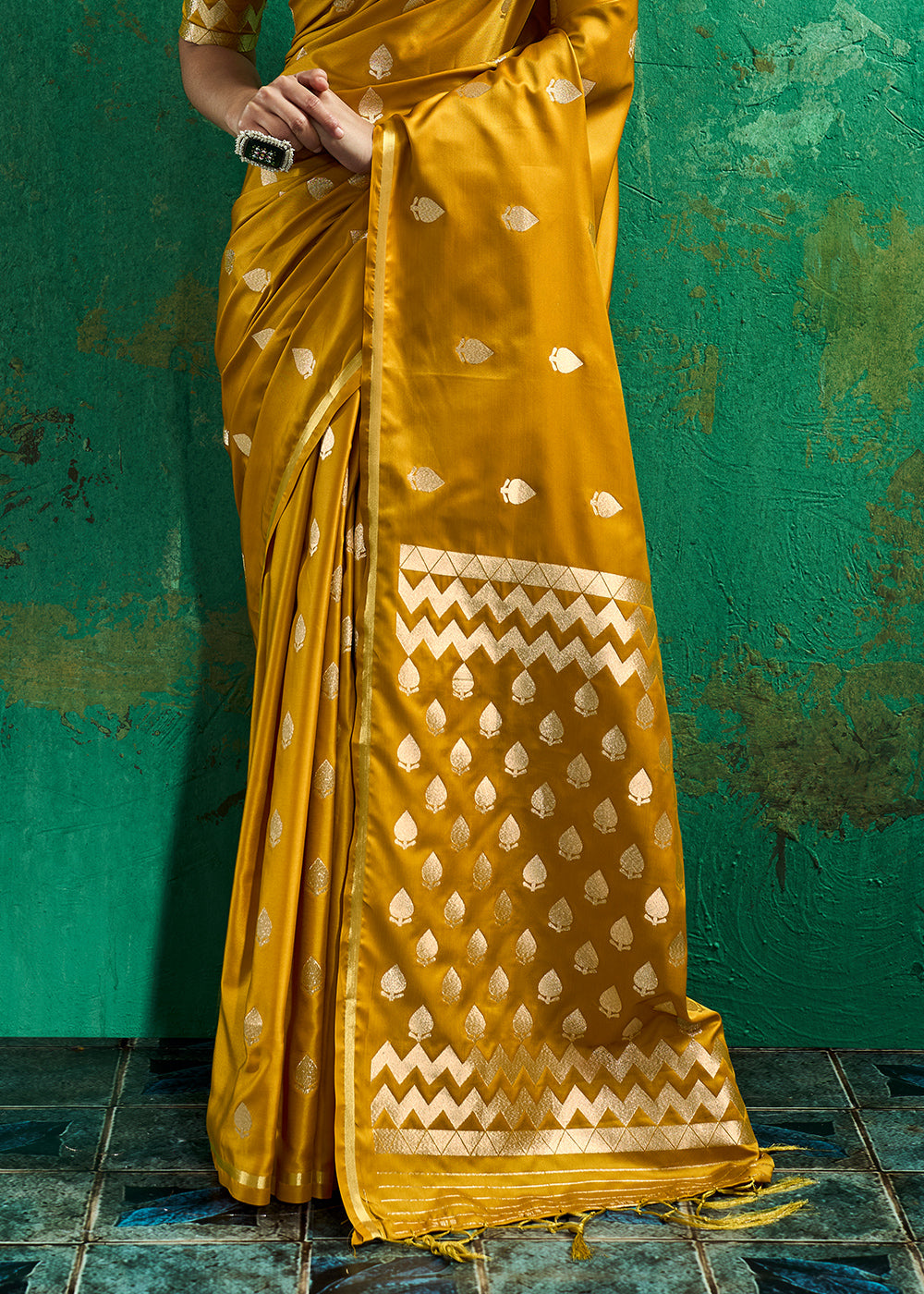 Mustard Yellow Satin Silk Saree with Woven Butti Accents
