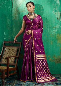 Indigo Purple Satin Silk Saree with Woven Butti Accents