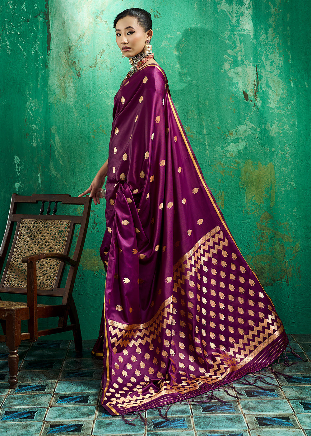 Indigo Purple Satin Silk Saree with Woven Butti Accents