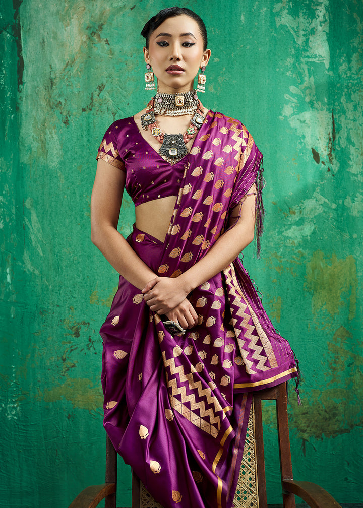 Indigo Purple Satin Silk Saree with Woven Butti Accents