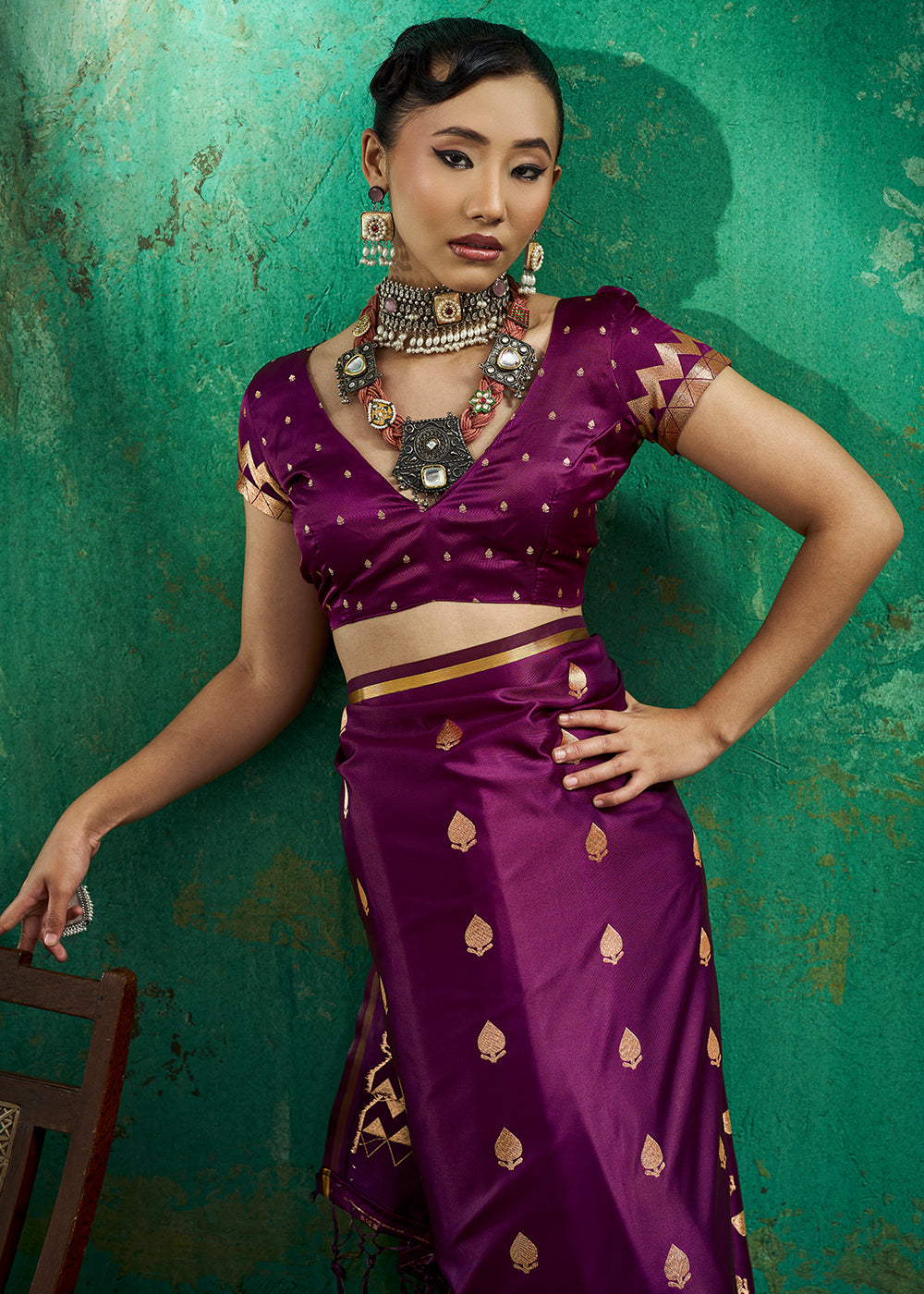 Indigo Purple Satin Silk Saree with Woven Butti Accents