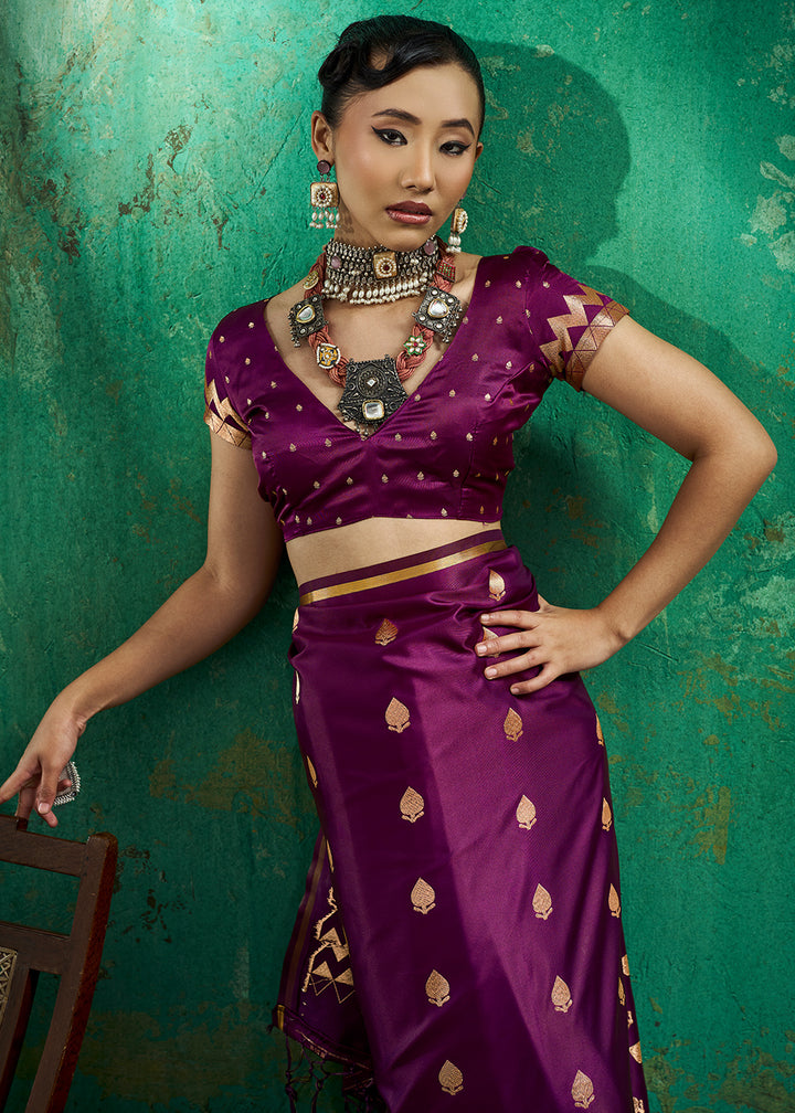 Indigo Purple Satin Silk Saree with Woven Butti Accents