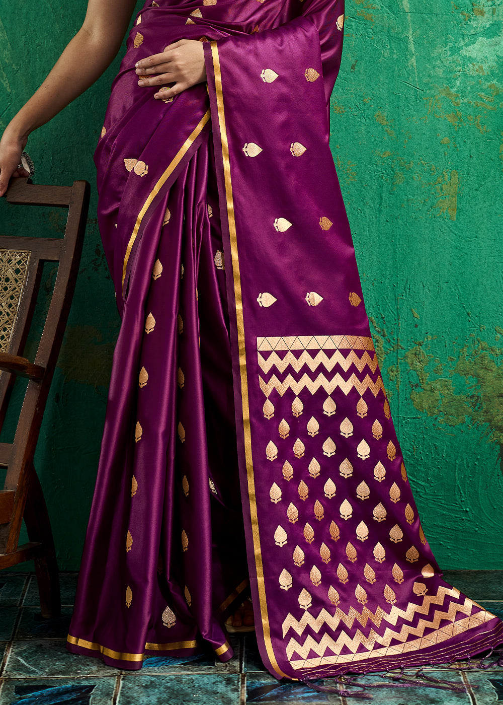 Indigo Purple Satin Silk Saree with Woven Butti Accents