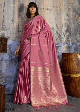 Punch Pink Satin Silk Saree with Zari-Woven Motifs
