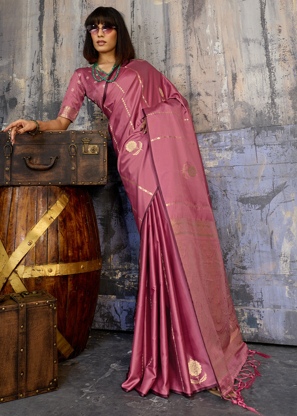 Punch Pink Satin Silk Saree with Zari-Woven Motifs
