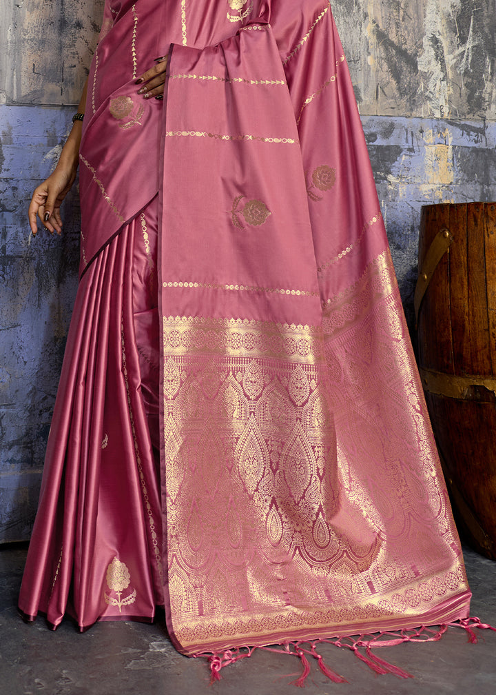 Punch Pink Satin Silk Saree with Zari-Woven Motifs