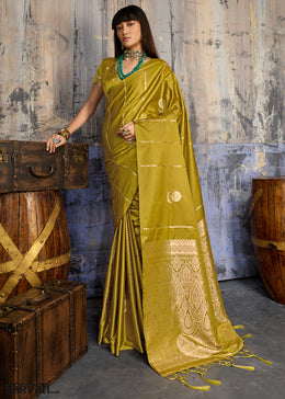 Ochre Yellow Satin Silk Saree with Zari-Woven Motifs