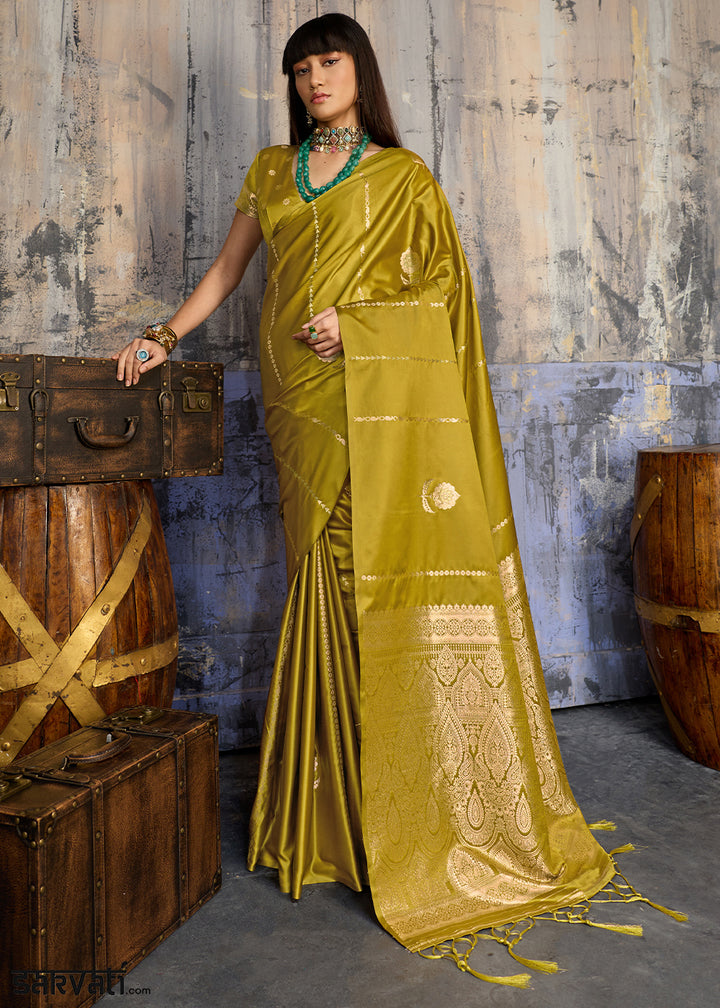 Ochre Yellow Satin Silk Saree with Zari-Woven Motifs