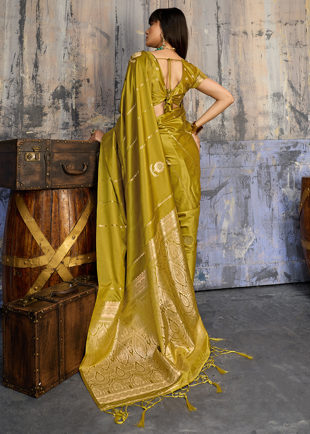 Ochre Yellow Satin Silk Saree with Zari-Woven Motifs
