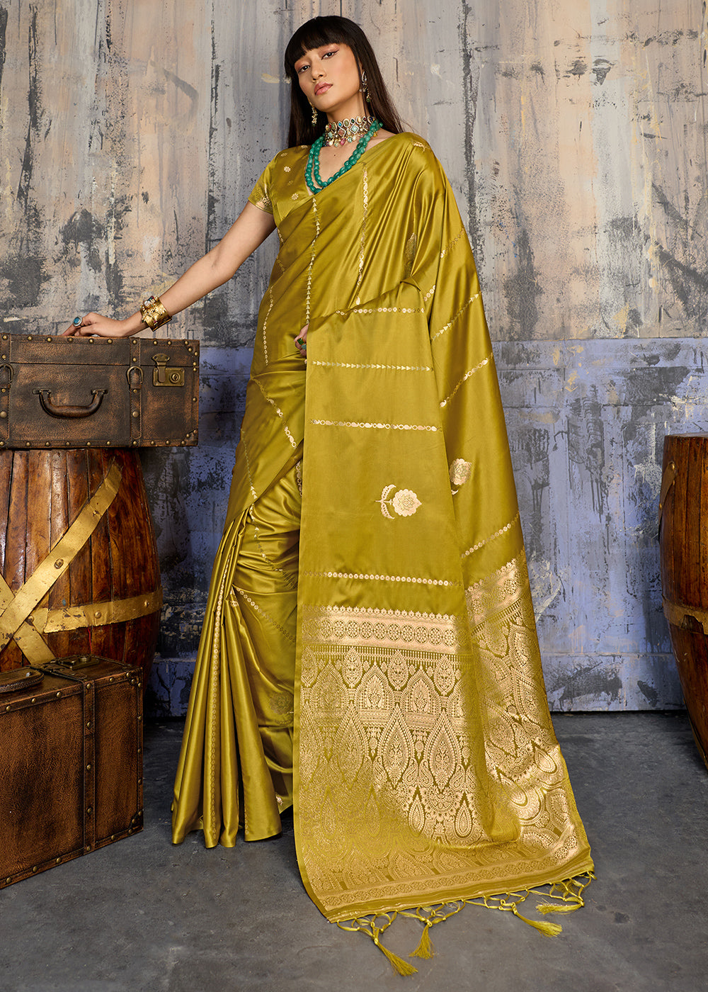 Ochre Yellow Satin Silk Saree with Zari-Woven Motifs