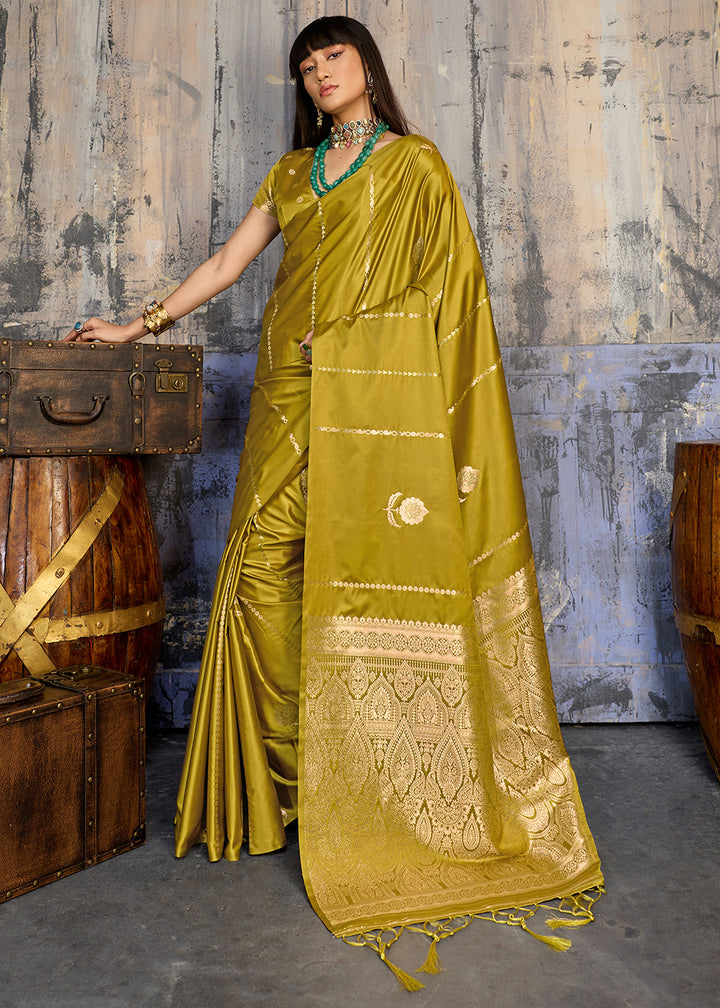 Ochre Yellow Satin Silk Saree with Zari-Woven Motifs
