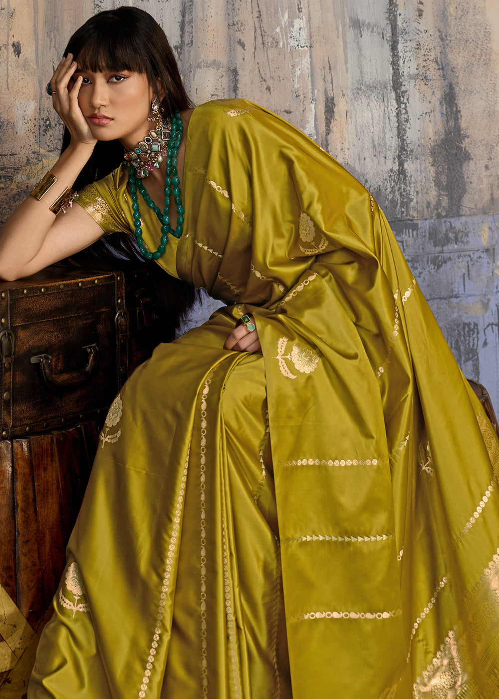 Ochre Yellow Satin Silk Saree with Zari-Woven Motifs