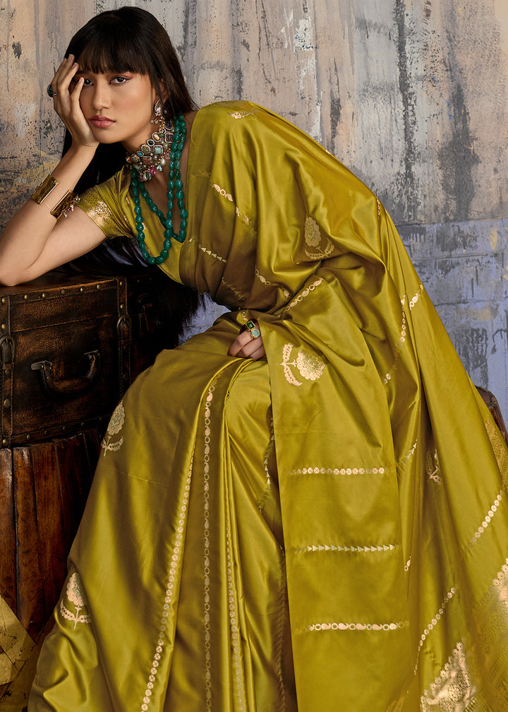 Ochre Yellow Satin Silk Saree with Zari-Woven Motifs