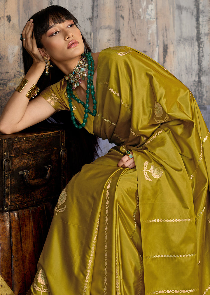 Ochre Yellow Satin Silk Saree with Zari-Woven Motifs