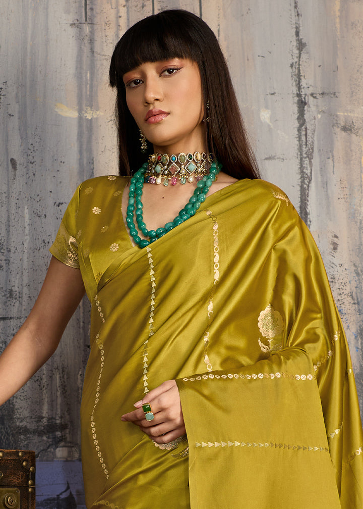 Ochre Yellow Satin Silk Saree with Zari-Woven Motifs