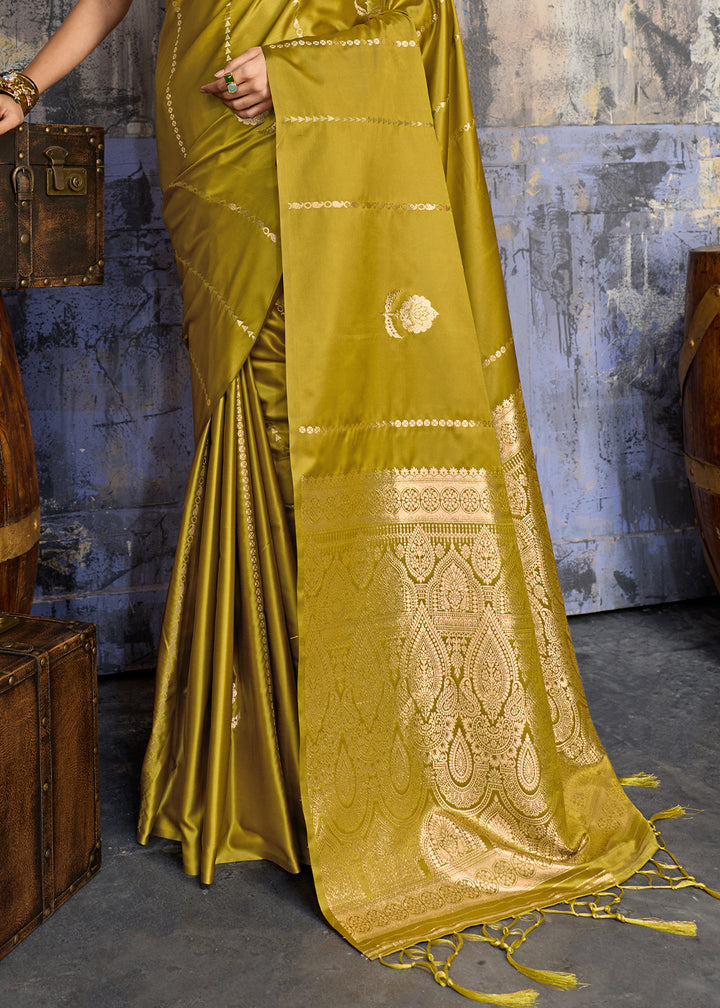 Ochre Yellow Satin Silk Saree with Zari-Woven Motifs
