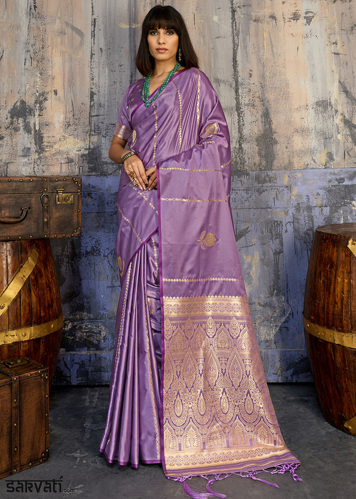Iris Purple Satin Silk Saree with Zari-Woven Motifs
