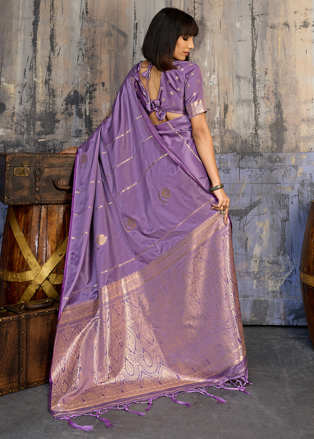 Iris Purple Satin Silk Saree with Zari-Woven Motifs