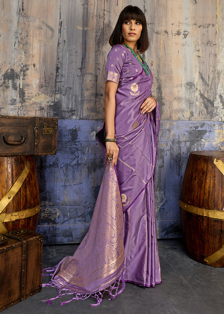 Iris Purple Satin Silk Saree with Zari-Woven Motifs
