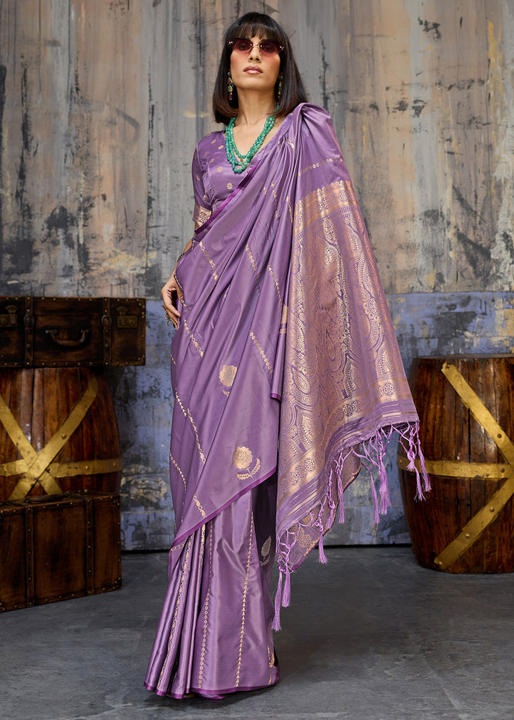 Iris Purple Satin Silk Saree with Zari-Woven Motifs