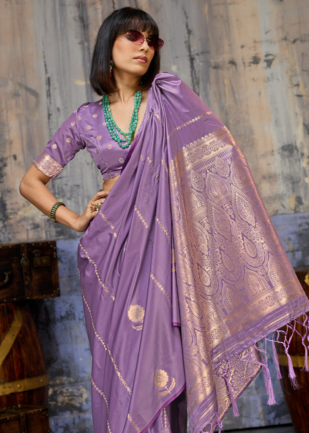Iris Purple Satin Silk Saree with Zari-Woven Motifs